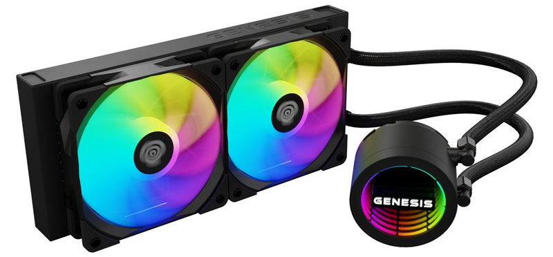 Vodní chladič Genesis HYDRIA 240 ARGB černý Na obrázku je černý vodní chladič procesoru Genesis Hydria 240 ARGB. Tvoří ho úzký radiátor se dvěma velkými ventilátory s duhovým RGB podsvícením a kulatá pumpa s nápisem Genesis a barevným světelným kruhem. Radiátor a pumpu spojují dvě černé opletené hadice. Celek působí moderně, herně a výrazně.