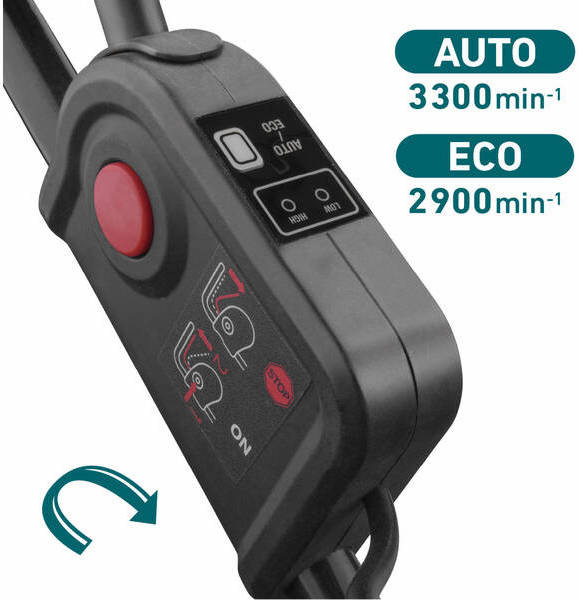 Sekačka EXTOL Industrial 8791902 (s baterií) Ovládací panel aku sekačky EXTOL Industrial s tlačítkem startu a přepínačem režimů ECO 2900 ot./min a AUTO 3300 ot./min