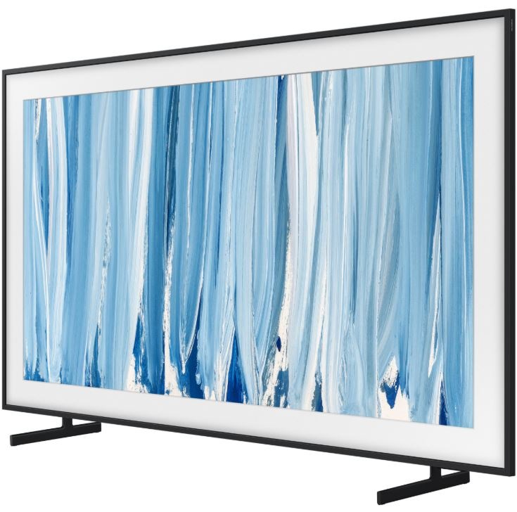 Televize Samsung The Frame Pro QE75LS03HW Televize Samsung The Frame Pro QE75LS03HW s modrým uměleckým obrazem, pohled na mírně nakloněnou televizi