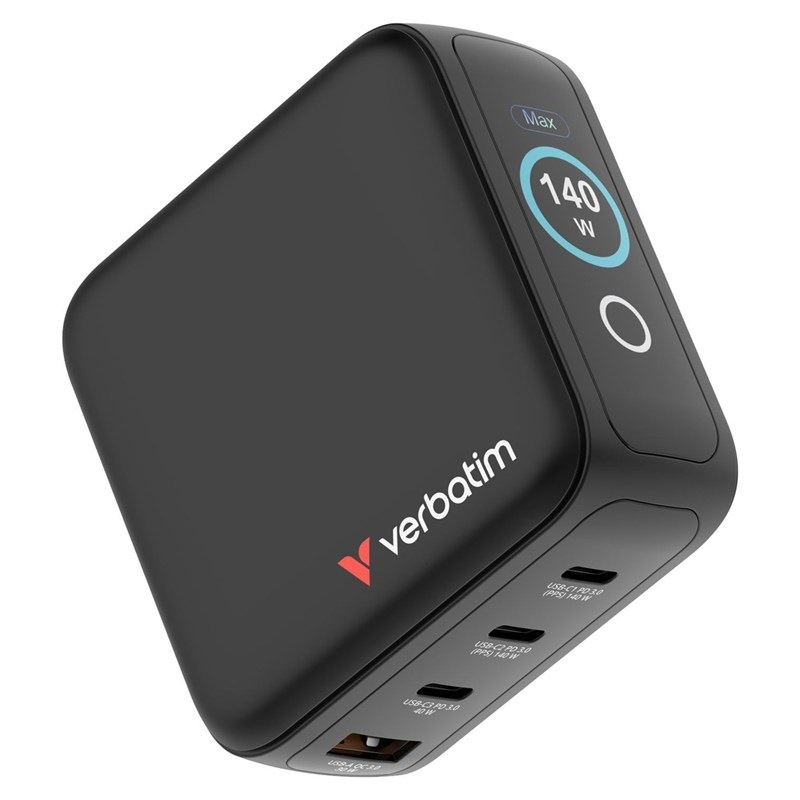 Verbatim Mini GaN LCD, 3× USB-C PD 140 W, 1× USB-A QC 3.0, černá