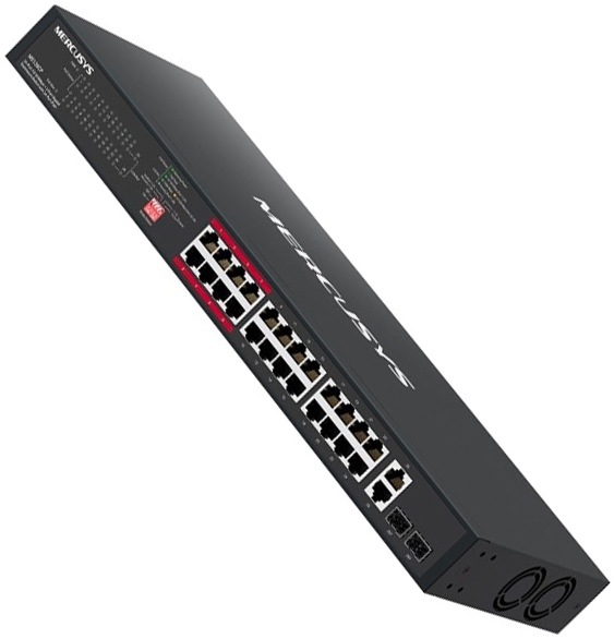 Černý rackový switch Mercusys MS126CP v šikmém pohledu s 24 síťovými porty RJ45, dvěma gigabitovými combo rozhraními RJ45/SFP, ovládacími přepínači a dvojicí ventilátorů.