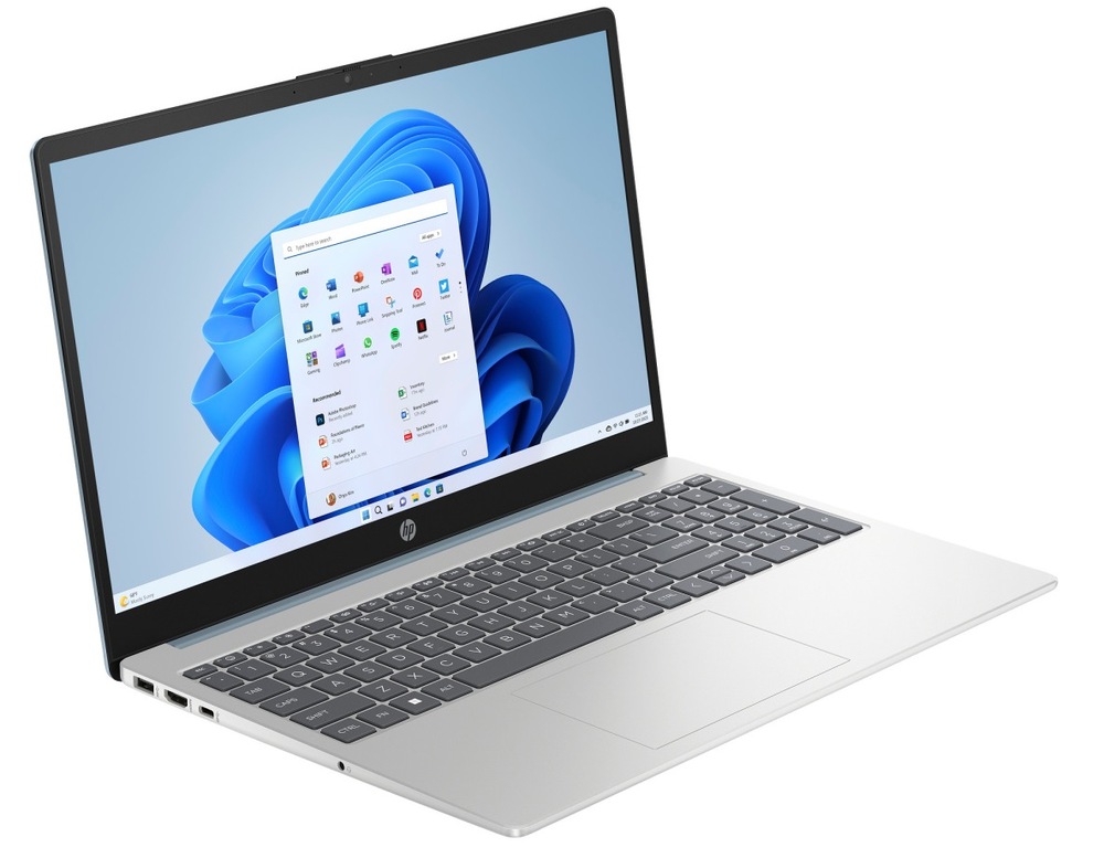 Notebook HP 15-fd1603nc + Game Pass předplatné na 3 měsíce stříbrný/zlatý Notebook HP 15-fd1600nc zapnutý a otočený doprava