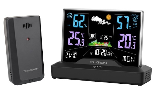 Meteorologická stanice GoGEN ME 2000 černá Bezrámečková meteostanice GoGEN ME 2000 s podstavcem a čidlem, zobrazující naměřené hodnoty