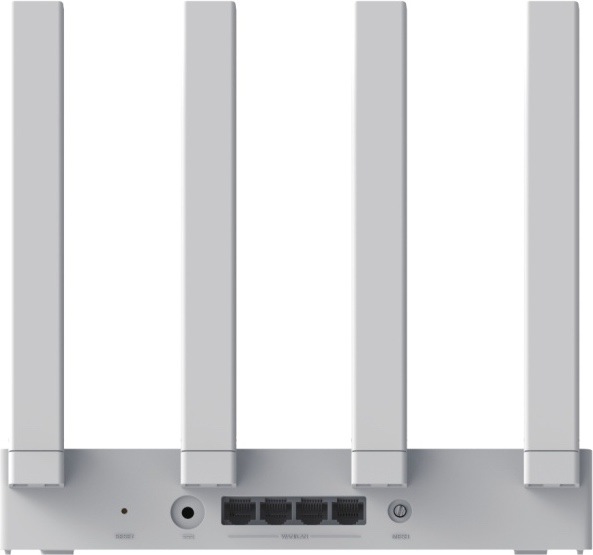 Router Xiaomi AX3000T bílý Zadní pohled na bílý router Xiaomi AX3000T se čtyřmi vysokými anténami. Uprostřed jsou čtyři síťové LAN/WAN porty, vlevo napájecí konektor a resetovací otvor, vpravo tlačítko Mesh.