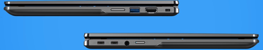 Notebook Acer Chromebook Plus Spin 514 (CP514-4HN-374W) šedý Detail portů notebooku Acer Chromebook Plus Spin 514 včetně USB-C, USB-A a HDMI
