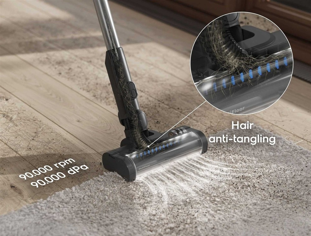 Tyčový vysavač Electrolux 500 Animal EP51AH18DG šedý hubice MultiFloor nasává nečistoty z koberce i tvrdé podlahy. Detail na technologii proti namotávání vlasů.