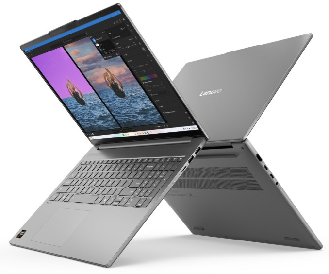 Notebook Lenovo IdeaPad Slim 5 16AKP10 šedý Dva notebooky Lenovo IdeaPad Slim 5 s pohledem na displej, víko a spodní část