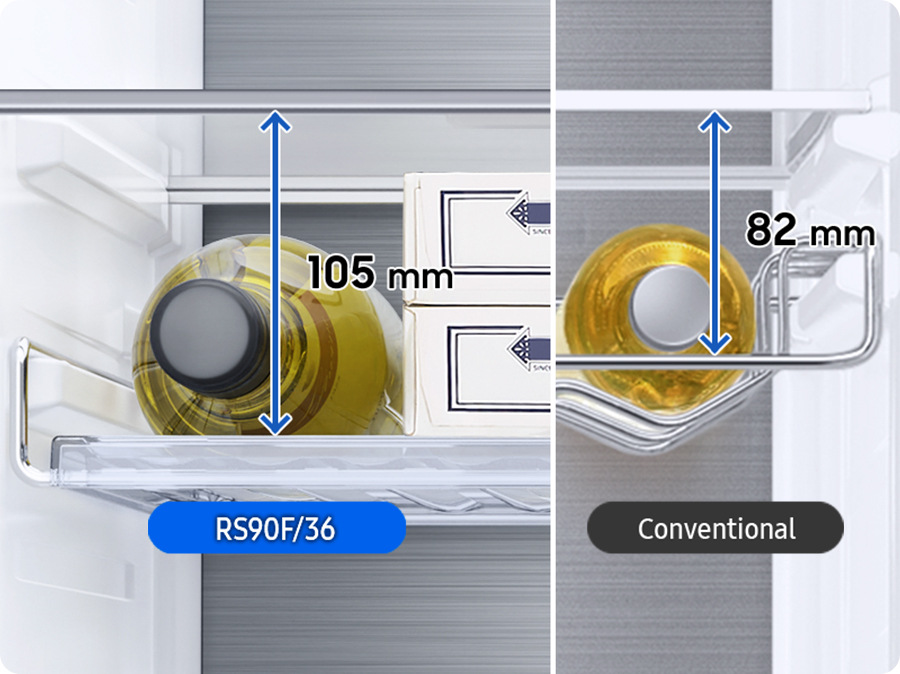 Multifunkční regál Rack & Shelf s uloženou lahví - srovnání se standardním nižším držákem na lahve