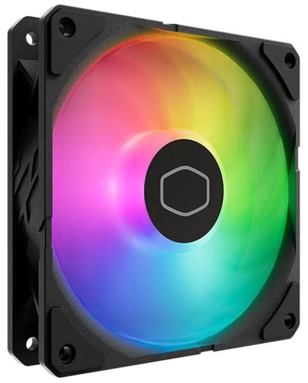 Na obrázku je ventilátor Cooler Master SickleFlow Edge 120 ARGB, PWM – počítačový skříňový ventilátor ve tvaru černého čtvercového rámečku se čtyřmi montážními otvory v rozích. Uvnitř jsou průsvitné lopatky, které jsou nasvícené duhovými barvami (ARGB), takže ventilátor vypadá jako barevný kruh. Uprostřed je kulatý černý střed s logem a z něj vedou ramena k rámečku. Ventilátor je vyfocený mírně z boku, takže je vidět i jeho hloubka.
