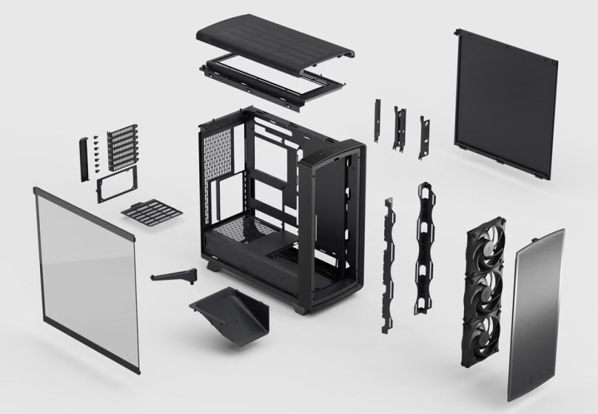 Rozložená konstrukce skříně FRACTAL DESIGN Summit Blackout TG Light Tint s panely, ventilátory, držáky a filtry