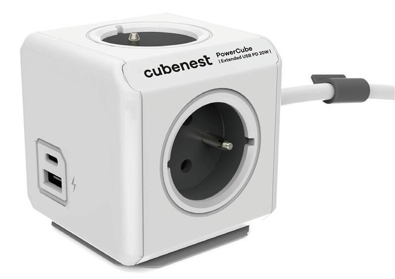 Kabel prodlužovací Cubenest Powercube Extended USB PD 20W, USB, USB-C, 4x zásuvka, 1,5m šedý/bílý