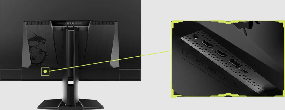 Zadní strana monitoru MSI MAG 321UP QD-OLED X24 s detailem připojovacích portů