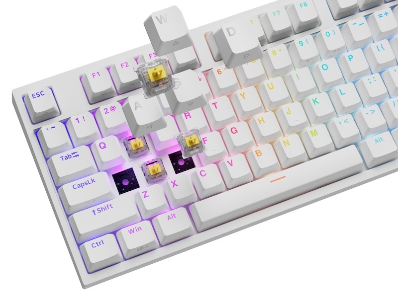 Klávesnice Genesis THOR 404 RGB, Gateron Yellow Pro, US layout bílá Upravte si rozložení kláves podle vlastního gusta! Zásluhou technologie Hot-Swap si nejen přizpůsobíte ovládání kláves svým preferencím