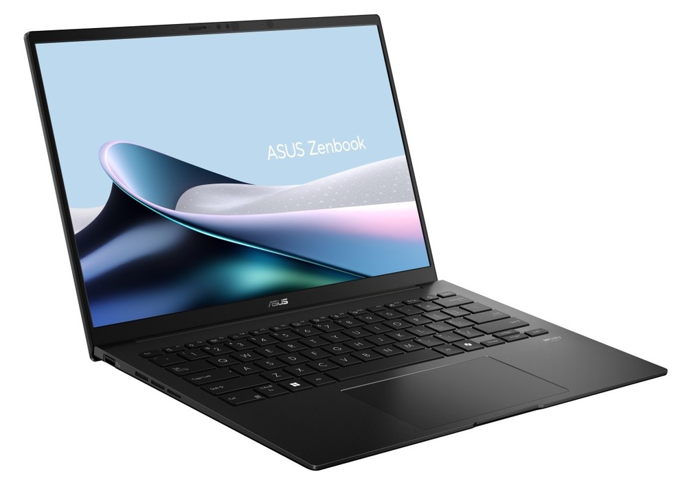 Otevřený a zapnutý notebook Asus Zenbook 14 natočený doprava