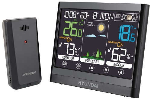 Meteostanice Hyundai WS 2450 zobrazující naměřené hodnoty se senzorem umístěným vedle
