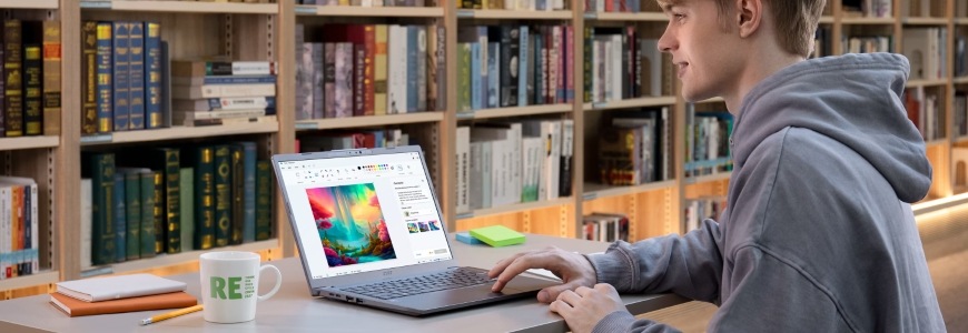 Mladý muž v knihovně pracujíce na notebooku Acer Aspire 14 AI