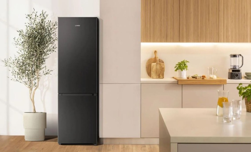 Chladnička s mrazničkou Gorenje G200 RK58DPB4I černá černá chladnička Gorenje RK58DPB4I v moderní světlé dřevěné kuchyni. Zleva je rostlina, napravo se nachazí vybavená kuchyn včetně dřeveného prkenka a mixeru.