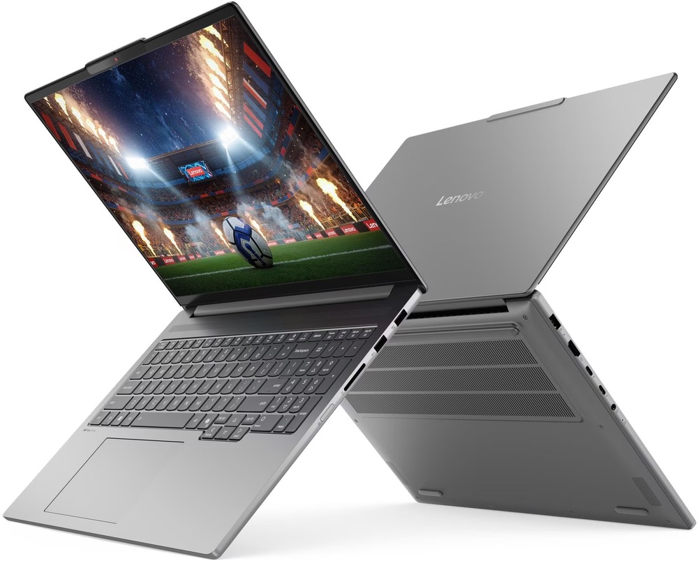 Dva pohledy na otevřený notebook Lenovo IdeaPad Pro 5 s konektory na levém i pravém boku
