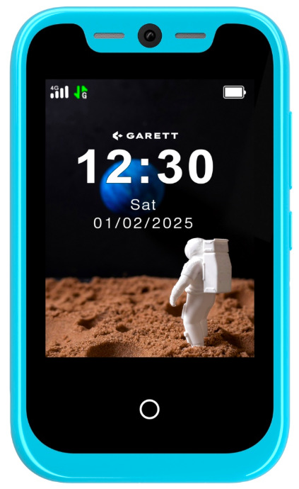 Přední strana dětského telefonu Garett Smartphone OneKid s 2,8palcovým displejem v modré barvě