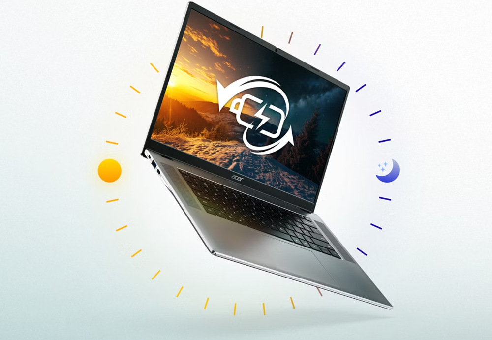 Baterie na obrazovce notebooku Acer Chromebook 315 a ilustrace celodenní výdrže