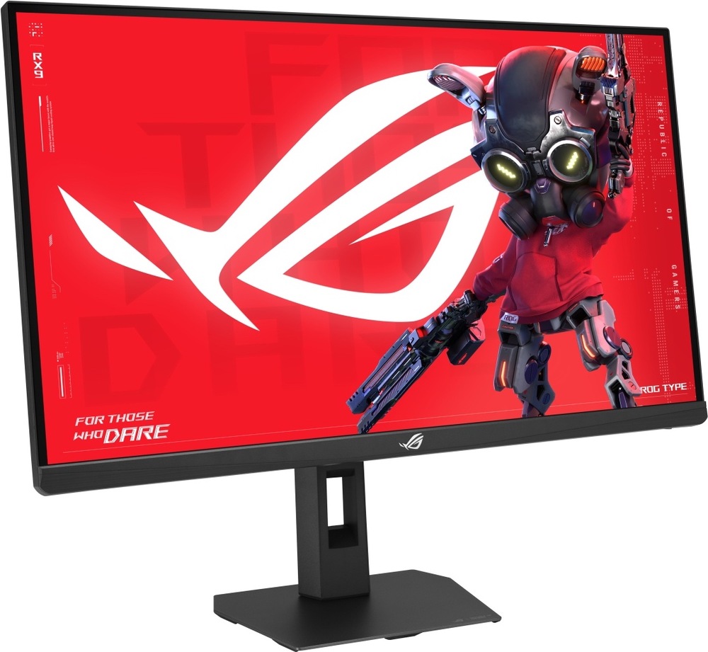 Herní monitor Asus ROG Strix XG27AQNGV černý Na obrázku je herní monitor Asus ROG Strix XG27AQNGV 27" v černém provedení z předního šikmého pohledu. Monitor má tenký rámeček, širokoúhlou obrazovku a pevný výškově nastavitelný stojan s plochou hranatou základnou. Na displeji je výrazná červená herní grafika s velkým bílým logem ROG a futuristickou postavou se zbraní. Uprostřed spodní lišty je malé logo ROG a ve stojanu je otvor pro vedení kabelů.