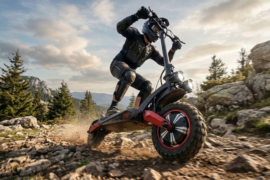 Elektrická koloběžka Sencor SCOOTER X70 černá Elektrická koloběžka Sencor SCOOTER X70 při dynamické jízdě v náročném horském terénu.