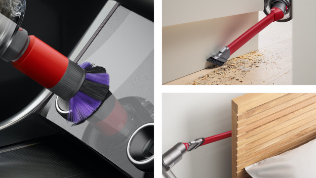 Tyčový vysavač Dyson V12s Detect Slim Submarine + sada pro detailní úklid stříbrný Detail úklidu s různými nástavci dostupnými pro vysavač Dyson V12s Detect Slim Submarine
