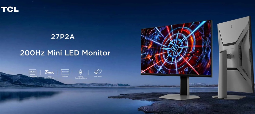 Herní monitor TCL 27P2A je vyobrazen a kolem něho jsou vypsané nejdůležitější parametry, které nabízí.