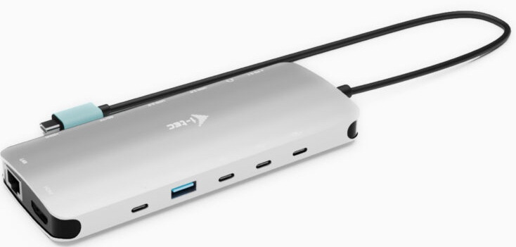 Stříbrná dokovací stanice i‑tec s integrovaným USB‑C kabelem a předními porty USB‑C a USB‑A.