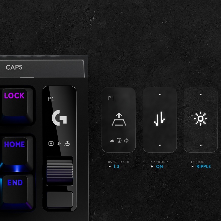 Klávesnice Logitech PRO X2 RAPID, US INT'L černá Detail ovládacího panelu klávesnice Logitech PRO X2 Rapid s displejem a nastavením funkcí