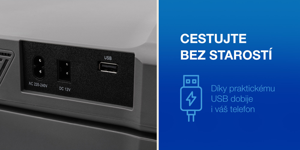 Přenosná chladnička Hyundai MC32D černá Detail napájecích portů autochladničky Hyundai MC32D pro AC 220–240 V, DC 12 V a USB konektor. Modrý panel s textem „Cestujte bez starostí – Díky praktickému USB dobije i váš telefon“