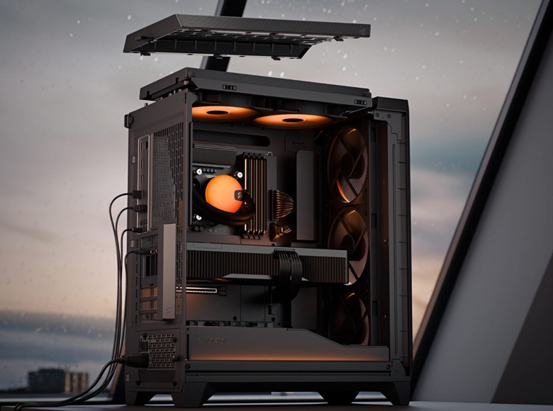 Case FRACTAL DESIGN Meshify 3 TG černá Detail obrázku ilustrující možnost demontáže.