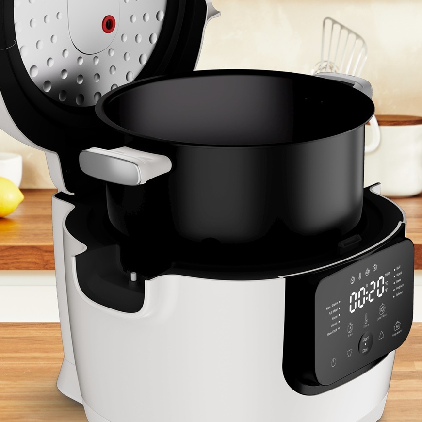 Otevřený multifunkční hrnec Tefal MY700BF0 Multicook s vyjímatelnou nepřilnavou nádobou je připravený na vaření v moderní kuchyni.