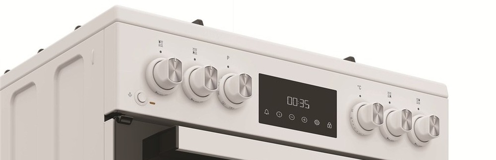 Kombinovaný sporák Whirlpool W6G8LMSWW bílý Detail ovládacího panelu a knoflíků sporáku K60 Whirlpool W6G8LMSWW