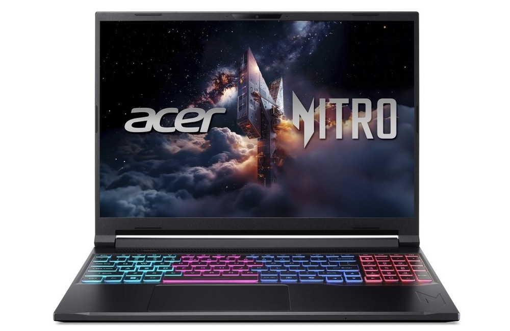 Notebook Acer Nitro V 16S (ANV16S-71-9375) černý Otevřený a zapnutý notebook Acer Nitro V 16S (ANV16S-71-9375) zepředu