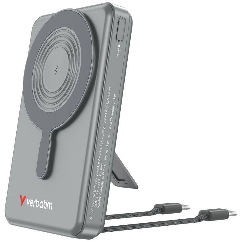 Magnetická bezdrátová powerbanka Verbatim Charge 'n' Go C+C s displejem a výkonem 10000 mAh 