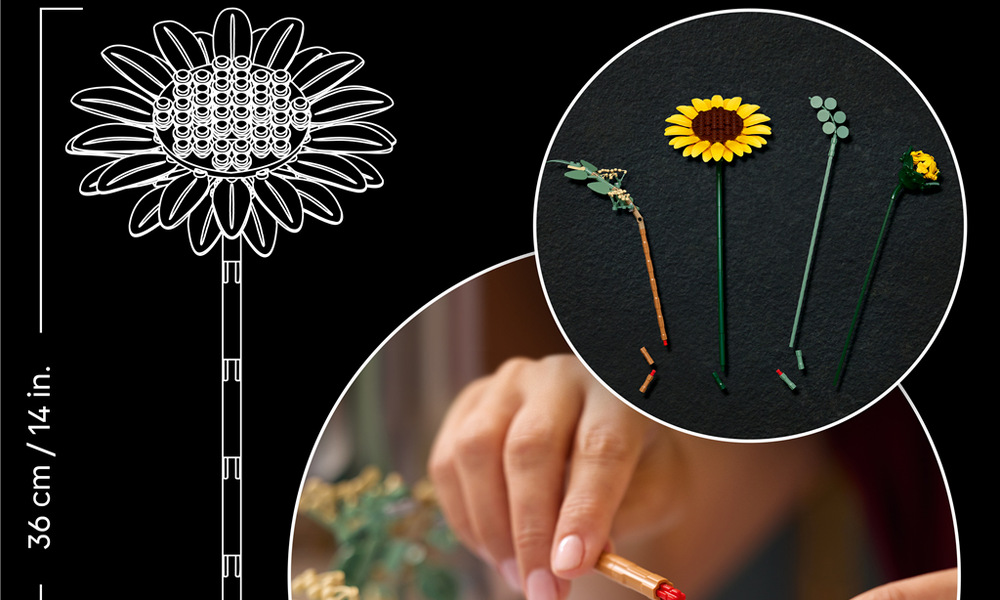 Stavebnice LEGO® Botanicals 11502 Kytice slunečnic Nastavitelné okvětní lístky a stonky umožňují měnit aranžmá, zatímco eukalyptus dodává kontrast.