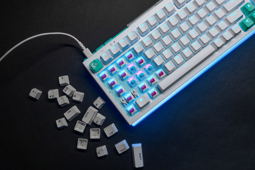 Klávesnice Logitech G512 X 75, US INTL layout, Tactile bílá Detail mechanických spínačů Logitech GL s průhledným krytem a RGB efektem