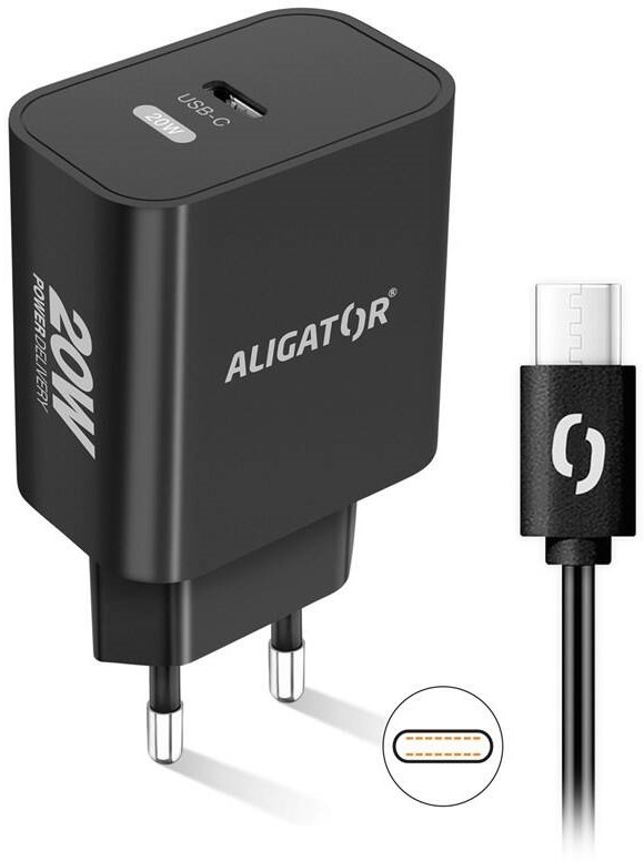 Nabíječka do sítě Aligator Power Delivery 20W, USB-C + USB-C kabel černá