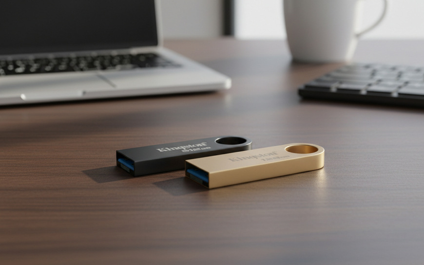 USB Flash Kingston DataTraveler SE9 G3 64GB černý USB flashdisky Kingston DataTraveler SE9 G3 položené na pracovním stole před notebookem, ilustrující každodenní použití v kancelářském prostředí