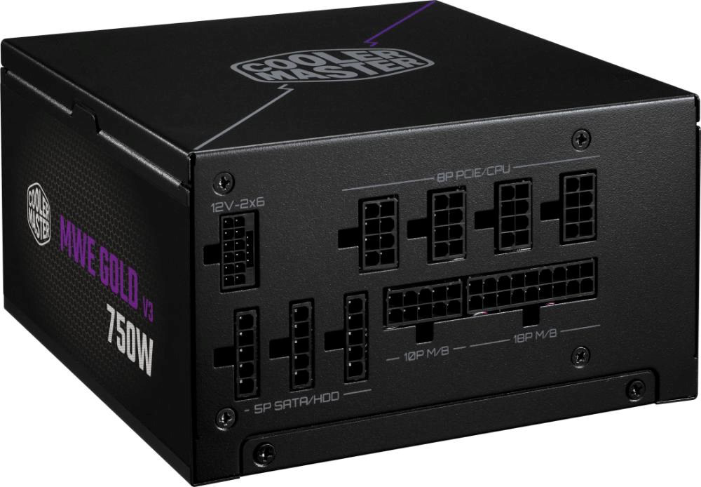 Na obrázku je zadní strana plně modulárního napájecího zdroje Cooler Master MWE Gold V3 750W. Jsou zde přehledně označené porty pro 12V-2×6, 8pin PCIe/CPU, SATA/HDD a také dva porty pro základní desku 10P M/B a 18P M/B. Z boku je vidět nápis MWE Gold V3 750W.