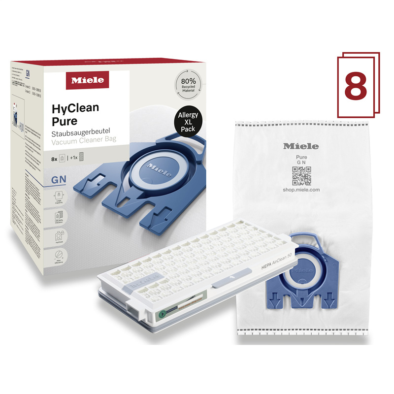 Sáčky do vysavače Miele Allergy XL HyClean Pure GN má v balení 8 ks prachových sáčků a 1 ks HEPA filtr.