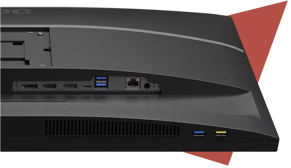 Monitor AOC U27E4CV černý Detail zadní strany monitoru AOC U27E4CV s porty HDMI, DisplayPort, USB-C, USB rozbočovačem a LAN konektorem