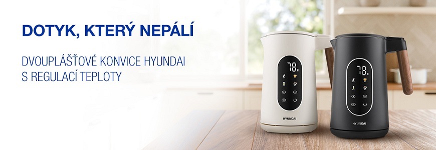 Rychlovarná konvice Hyundai VK690B černá Dvouplášťové rychlovarné konvice Hyundai s regulací teploty a displejem v černé barvě a v odstínu slonové kosti na kuchyňské lince s textem Dotyk, který nepálí