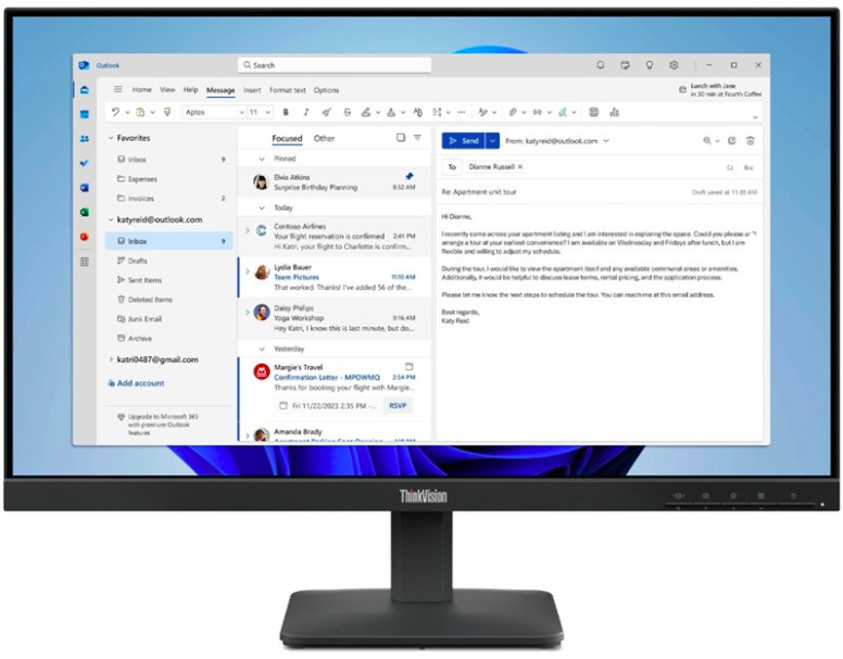 Černý monitor Lenovo ThinkVision S24-4e s 23,8palcovým IPS displejem a stojanem