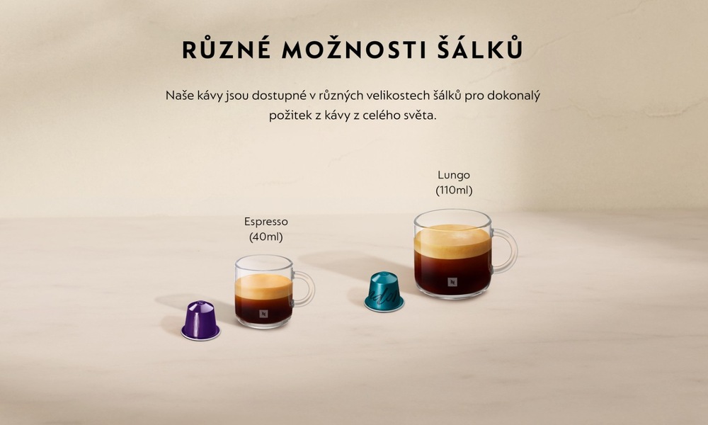 Porovnání velikostí nápojů espresso 40 ml a lungo 110 ml z kapslí Nespresso