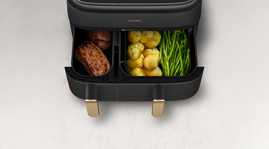 Fritéza horkovzdušná Philips NA552/00 Airfryer dual basket s párou 9 l, černá