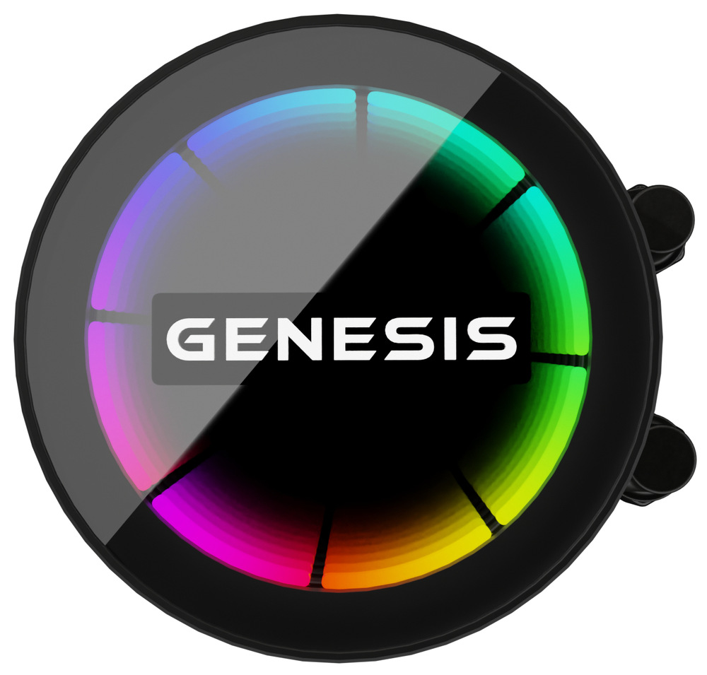 Vodní chladič Genesis HYDRIA 240 černý Na obrázku je detail kulaté pumpy vodního chladiče Genesis. Má lesklý černý povrch, uprostřed velký bílý nápis GENESIS a po obvodu barevný RGB světelný kruh přecházející od fialové a růžové přes oranžovou a žlutou až do zelené a tyrkysové. Pumpa působí moderně, výrazně a herně.