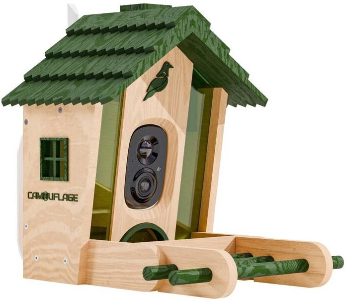 Chytré krmítko Camouflage EZ-BirdSpot zelené Detailní pohled na kamerový modul krmítka Camouflage z pravého boku