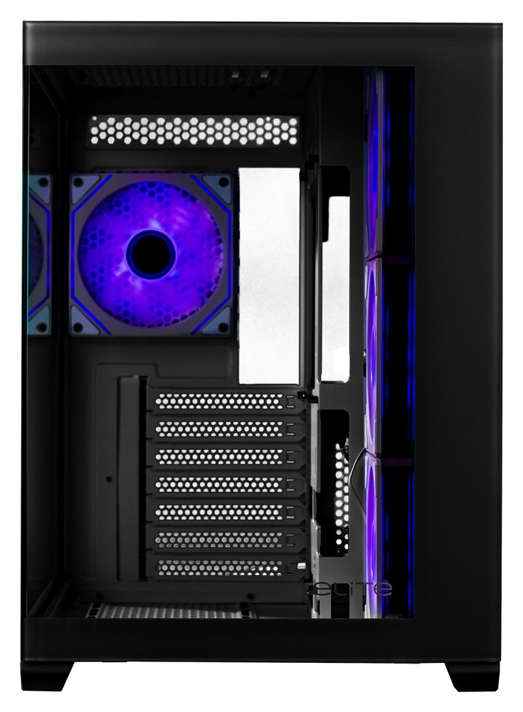 Case Cooler Master Elite 681 černá Na snímku je počítačová skříň Master Elite 681 v černé barvě. Je zde zachycen boční pohled přes skleněnou čelní stěnu do nitra prázdné skříně.
